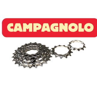 Afbeelding van een uitgesneden fietscassette met de titel "Campagnolo" om het merk van de cassette te illustreren