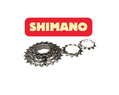 Afbeelding van een uitgesneden cassette met de titel "Shimano", verwijzend naar het merk van de cassette