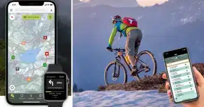 Illustratieve afbeelding opgesplitst in twee delen: links een telefoon waarop een mobiele applicatie voor fietsroutebeschrijvingen wordt weergegeven. Links een fietser die door de sneeuw rijdt.