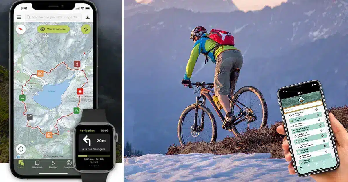 Illustratieve afbeelding opgesplitst in twee delen: links een telefoon waarop een mobiele applicatie voor fietsroutebeschrijvingen wordt weergegeven. Links een fietser die door de sneeuw rijdt.